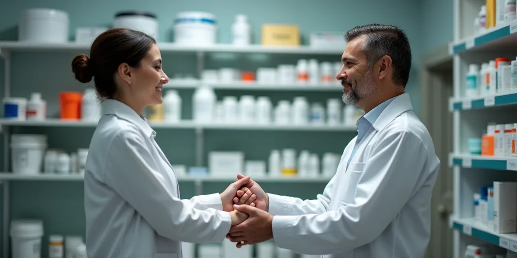 a pharment shaking hands with a woman in a pharmacy office with other pharments in the background, C