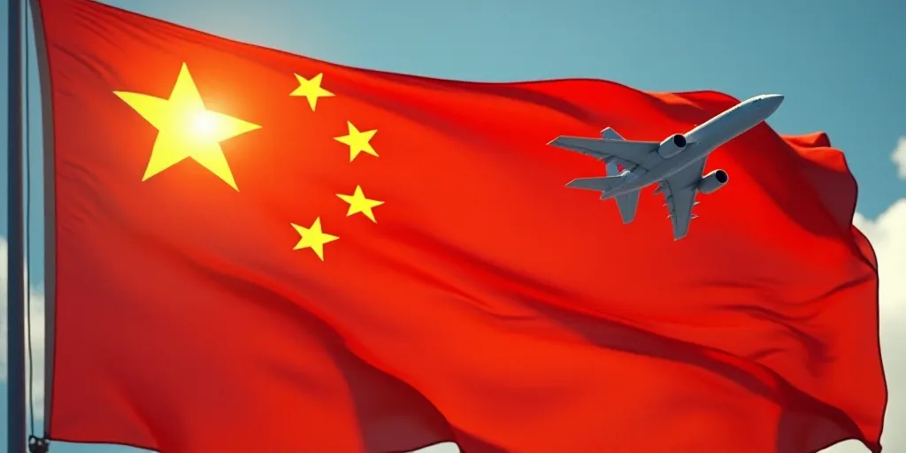 a picture of a flag with a plane flying in the sky and stars on the flag of china and a sun, Andrew