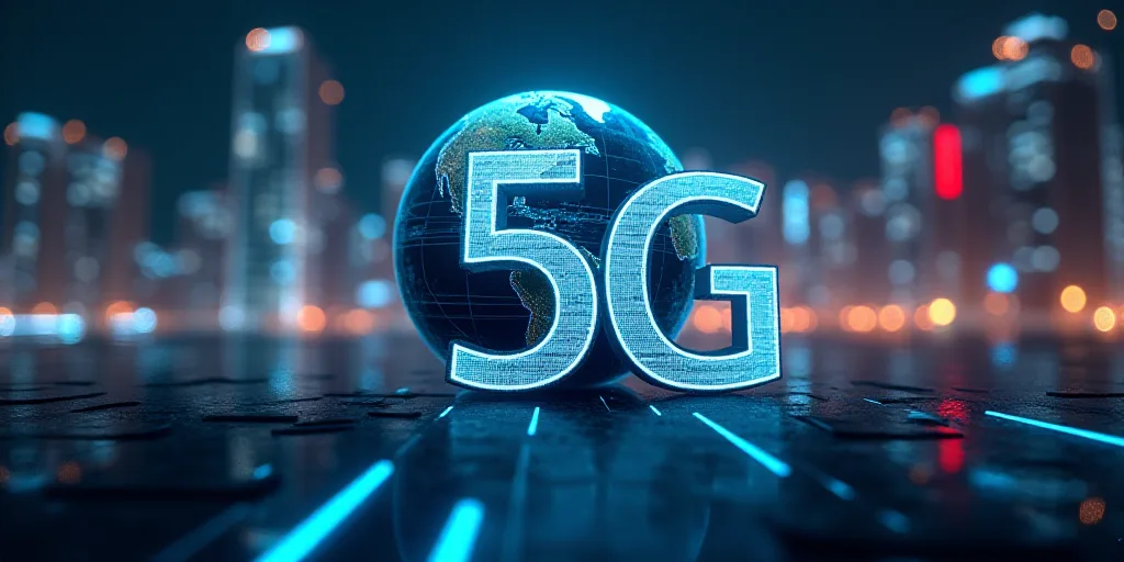 a picture of a globe with a city in the background and a 5g sign in the foreground, Frances Jetter,