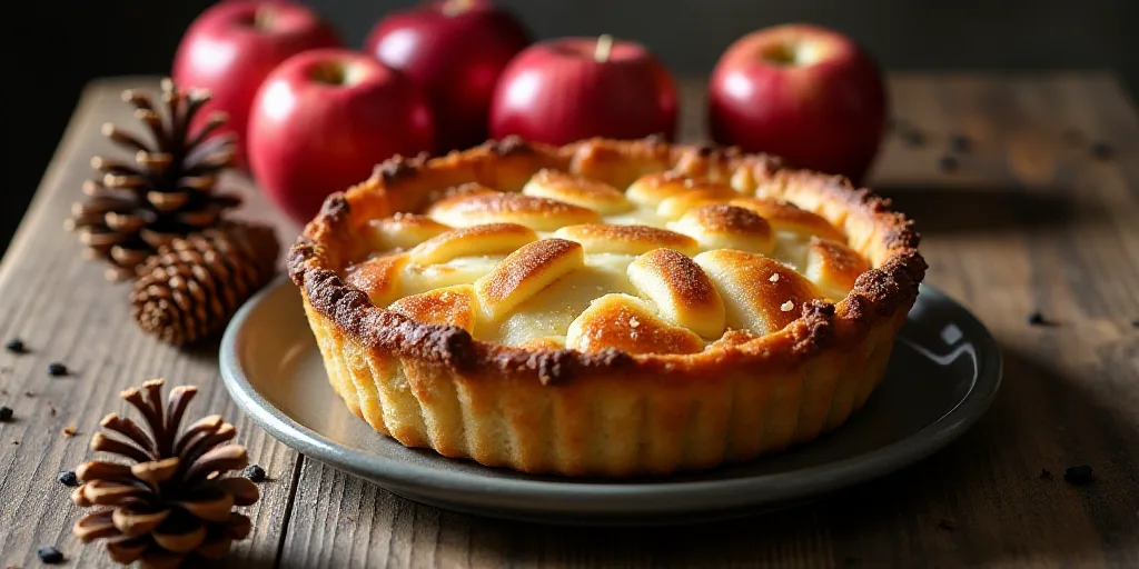 a pie with apples and pine cones on a table with pine cones and pine cones on the table top, Boetius