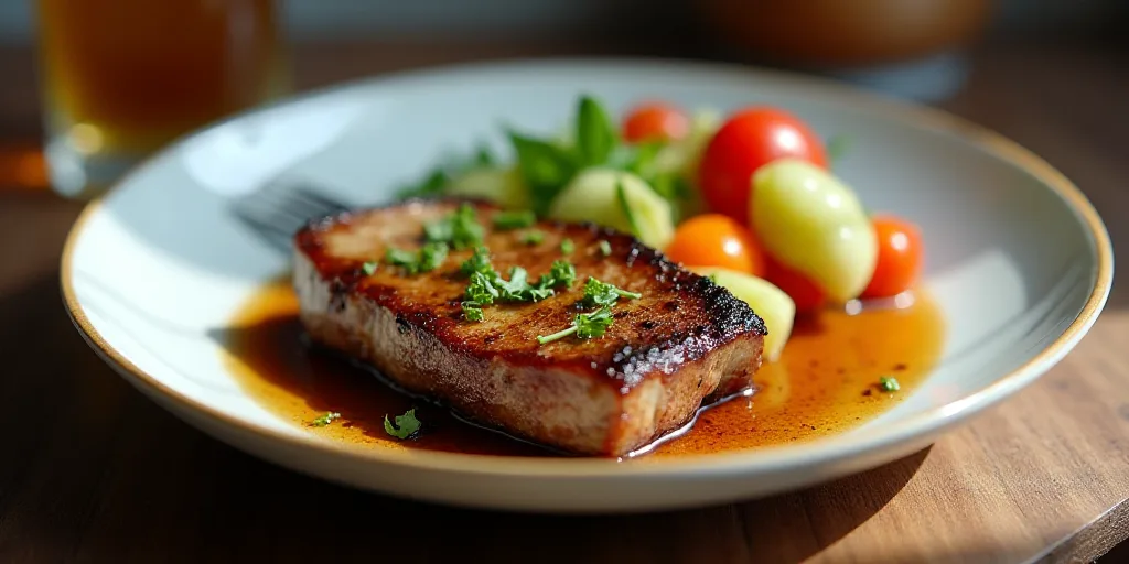 a piece of meat on a plate with a side of vegetables and a drink on the side of the plate, Carpoforo