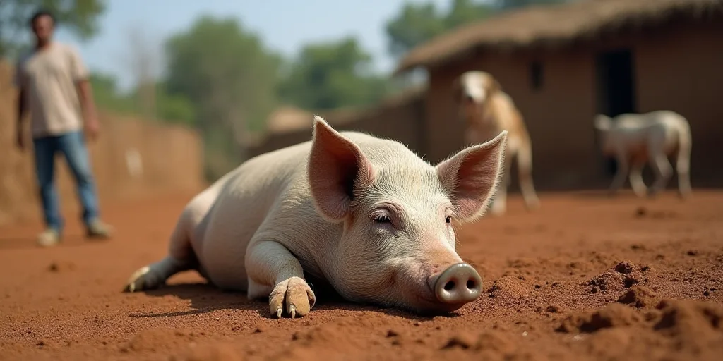 a pig laying on the ground in a dirt area with a man and a dog in the background in a rural area, Be