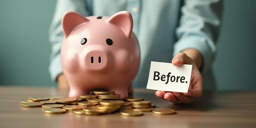a piggy bank with a note that says before it is overflowing with coins and a person holding a piggy