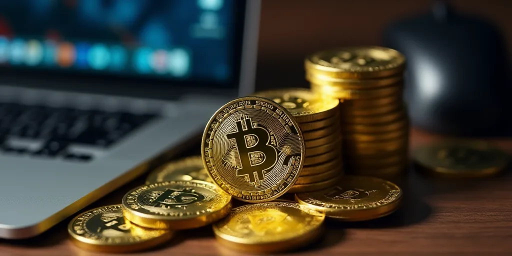a pile of bitcoins sitting on top of a table next to a laptop computer keyboard and mouse, Andries S