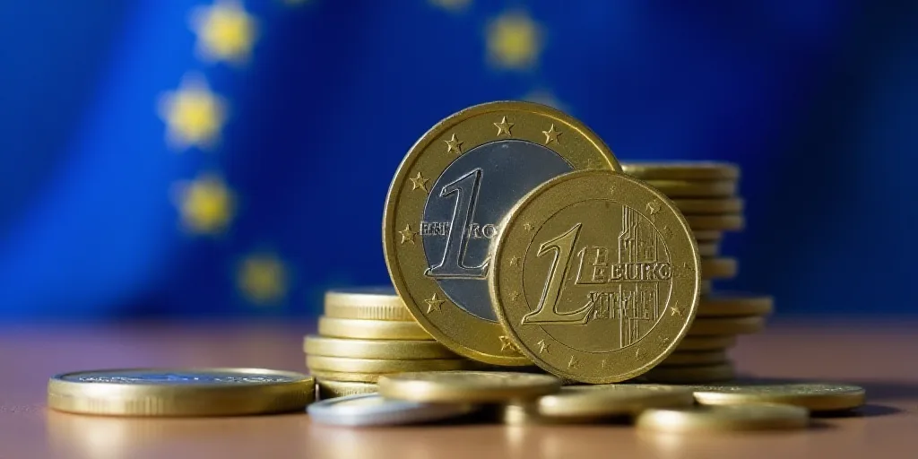 a pile of coins sitting next to a european flag with a euro coin on top of it in front of a european