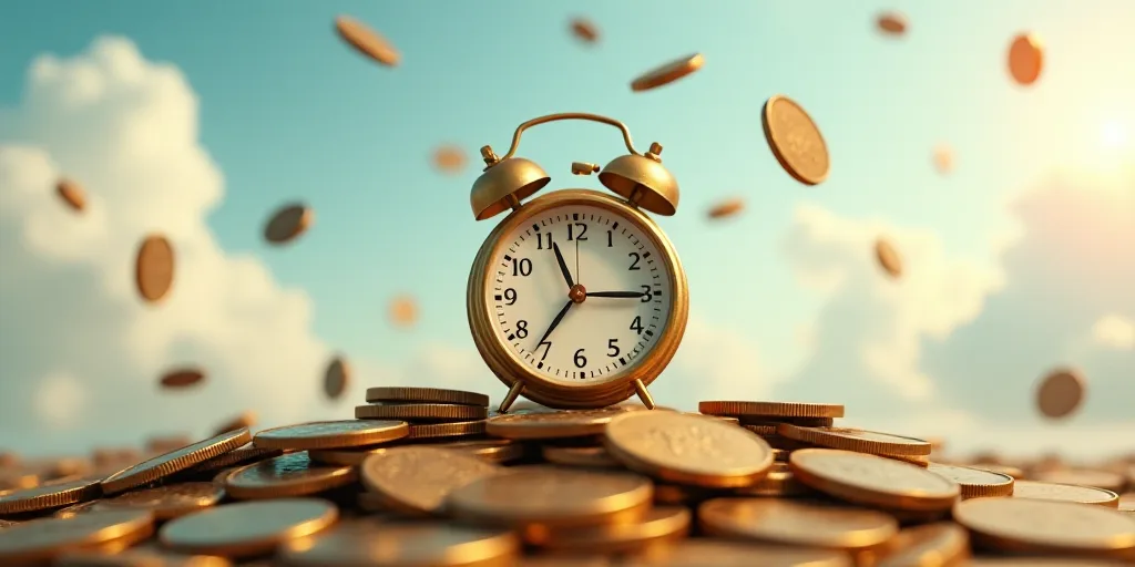 a pile of coins with a clock on top of it and a sky background with coins falling from the sky, Andr