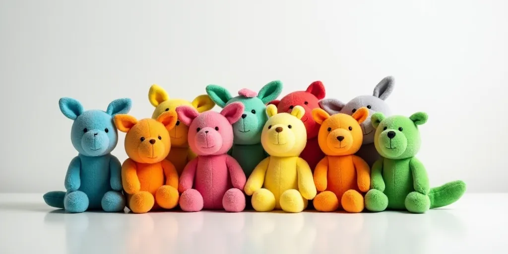 a pile of colorful stuffed animals sitting next to each other on a table top with a white background