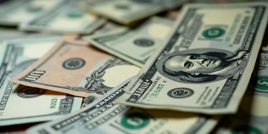 a pile of different bills with a lot of money on top of it, including one hundred dollars and one hu