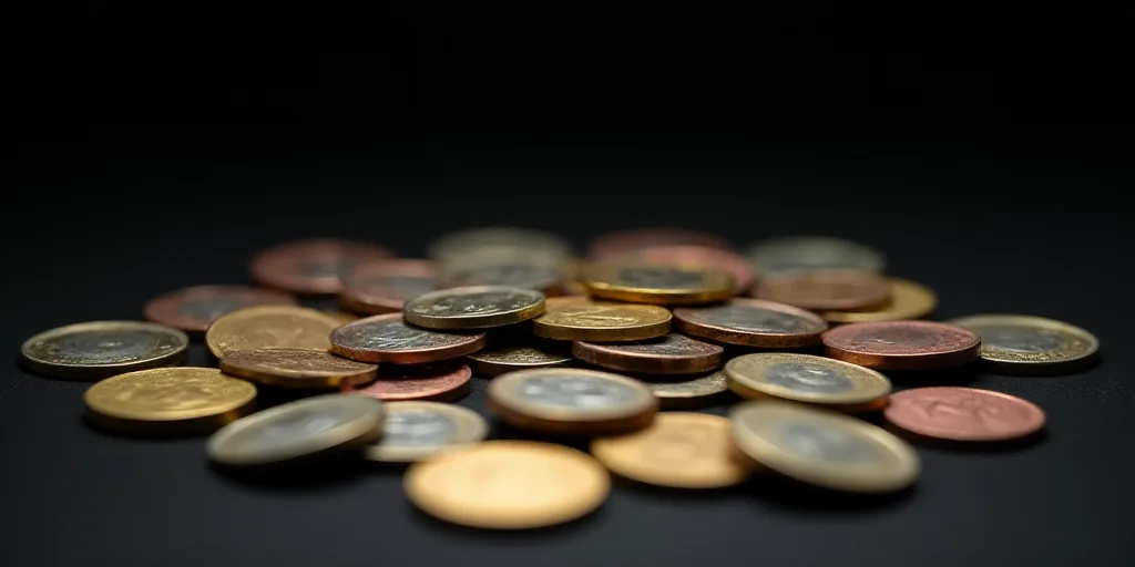 a pile of different coins sitting on top of a table next to each other on a black surface with a bla
