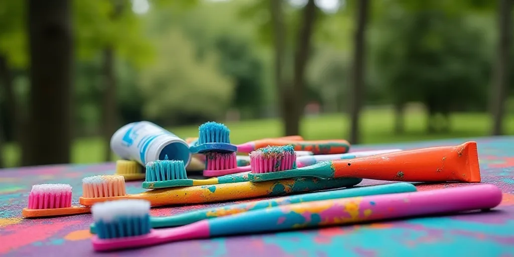 a pile of different colored toothbrushes and toothpaste tubes on a table outside with trees in the b