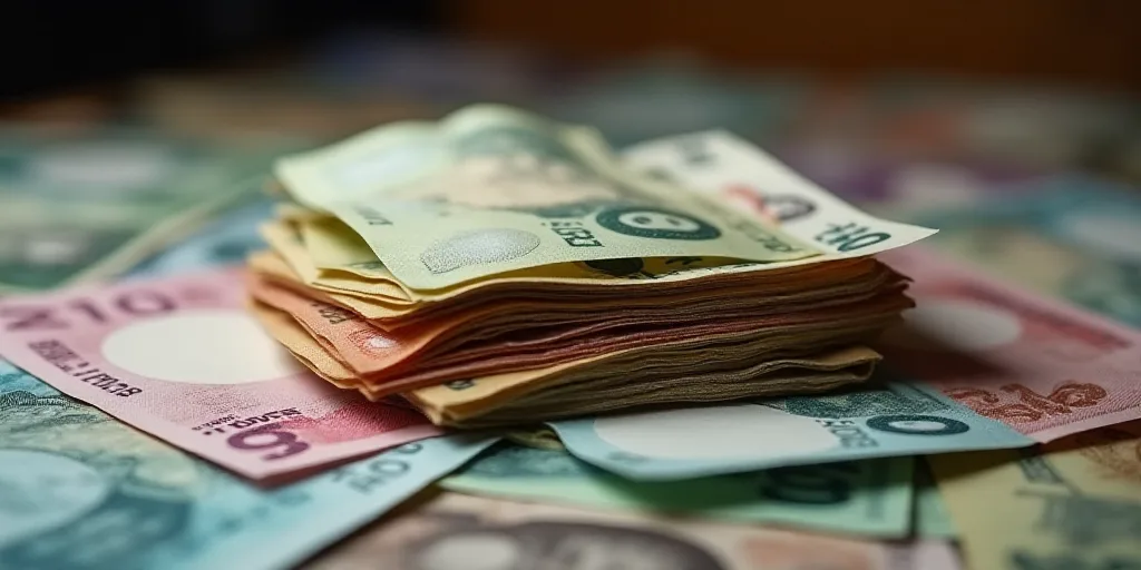 a pile of different currency sitting on top of each other on a table top with a lot of money, Andrie