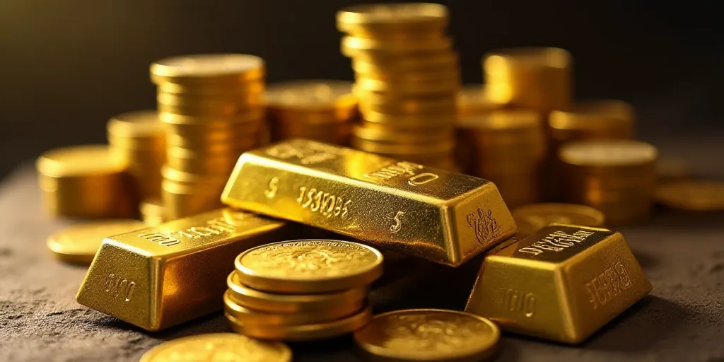 a pile of gold bars and stacks of gold coins on a table with stacks of gold coins in the background,