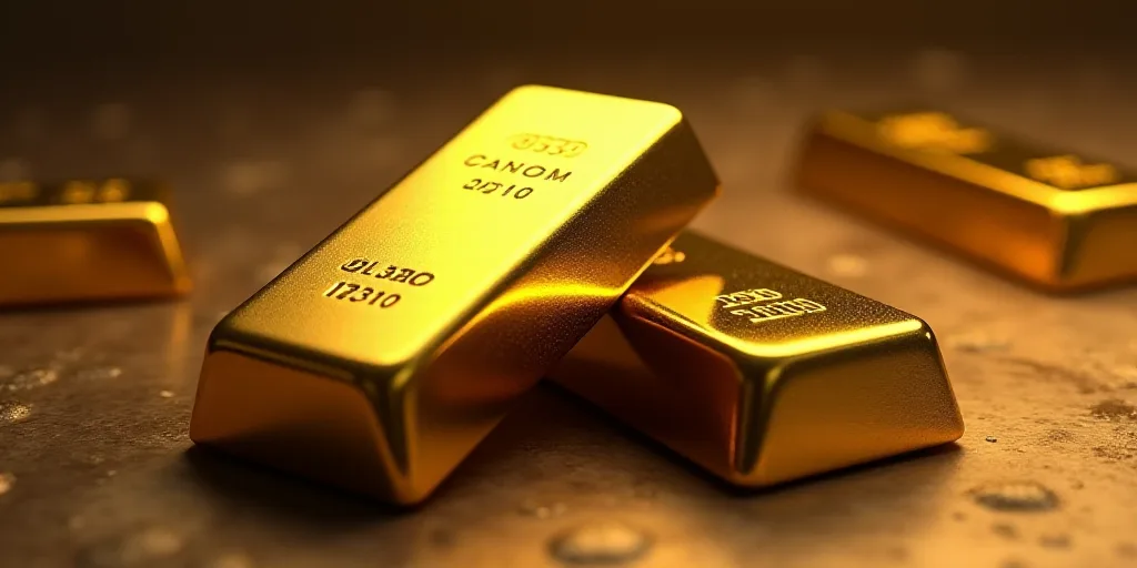 a pile of gold bars sitting next to each other on a table with other gold bars in the background, En