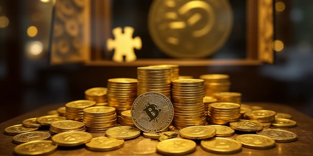 a pile of gold coins and a gold medal on display in a store window display case with a gold medal, E