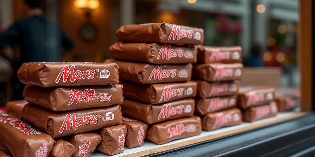 a pile of mars bars sitting on top of each other on display in a store window display case,, Andries