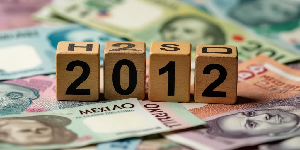 a pile of mexican currency with a wooden block spelling the numbers 2012 and a wooden block with a p