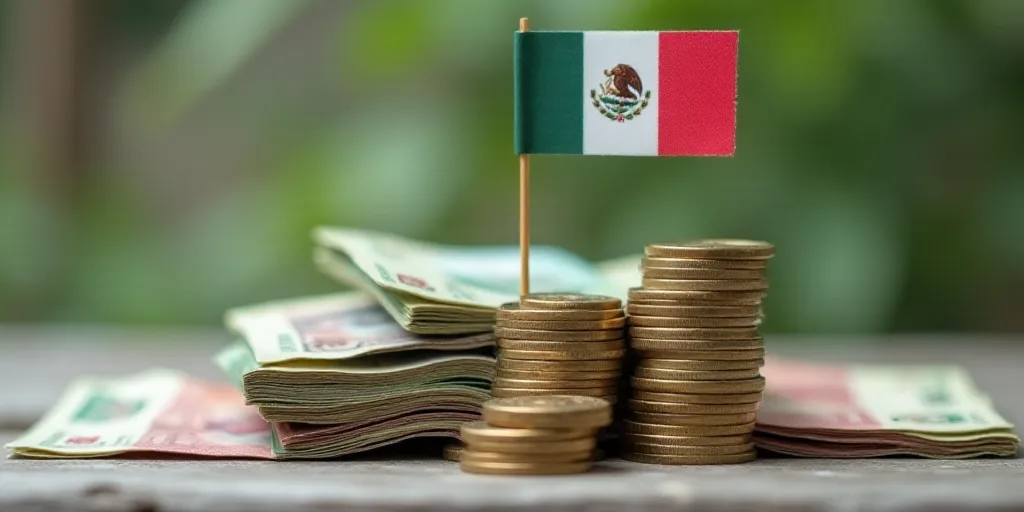 a pile of mexican currency with a flag sticking out of it and a stack of coins on top of it, Aquirax