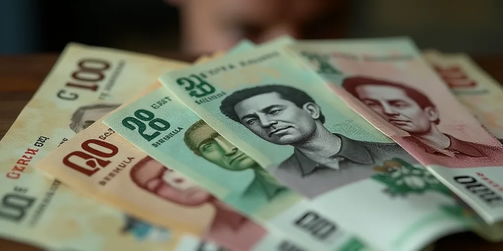 a pile of mexican currency with a lot of money in the background with a blurry image of a man's face