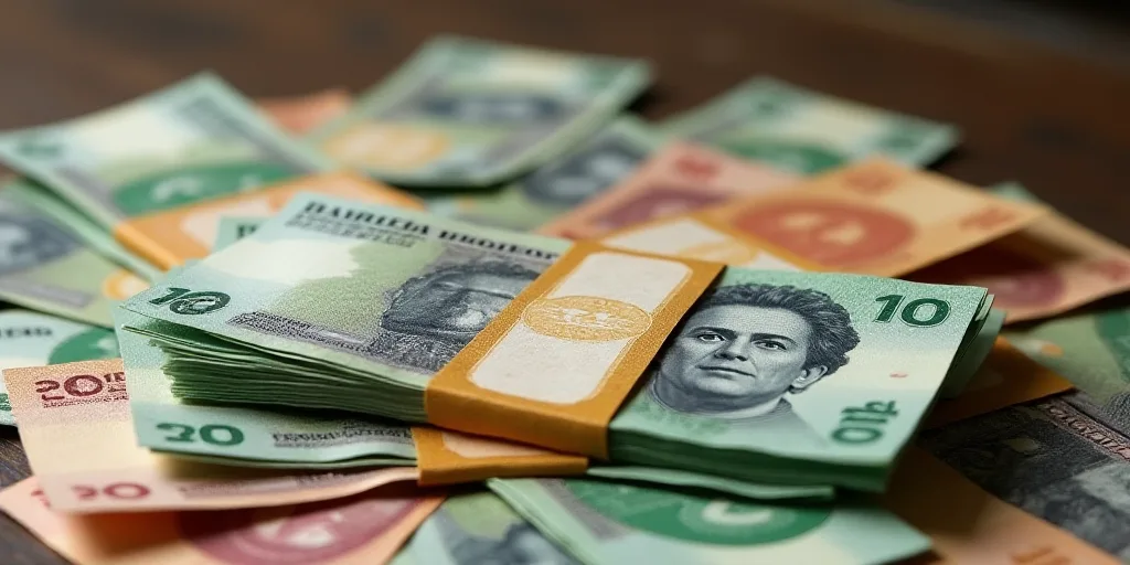 a pile of mexican currency with a lot of money in the background of the image is a pile of mexican c