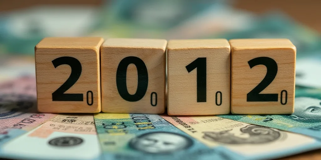 a pile of mexican currency with a wooden block spelling the numbers 2012 and a wooden block with a p