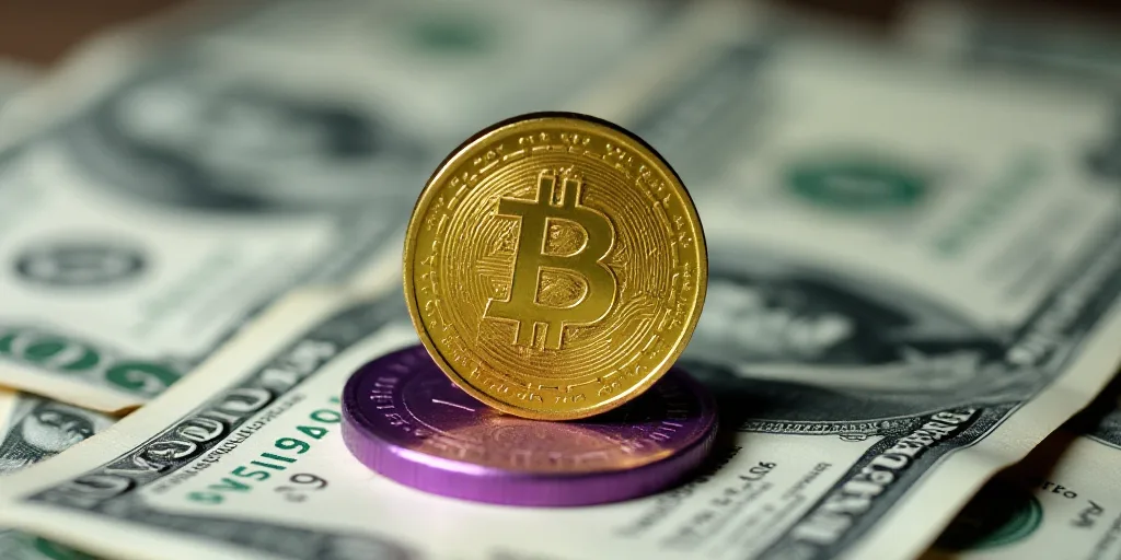 a pile of money with a gold coin on top of it and a purple one on the bottom of the pile, Aquirax Un