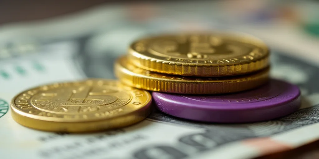 a pile of money with a gold coin on top of it and a purple one on the bottom of the pile, Aquirax Un