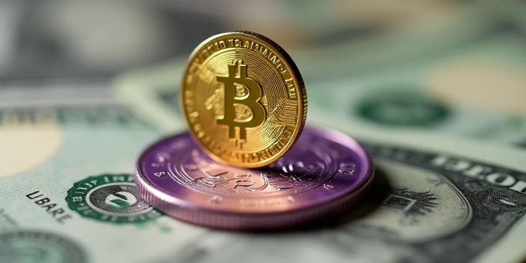 a pile of money with a gold coin on top of it and a purple one on the bottom of the pile, Aquirax Un