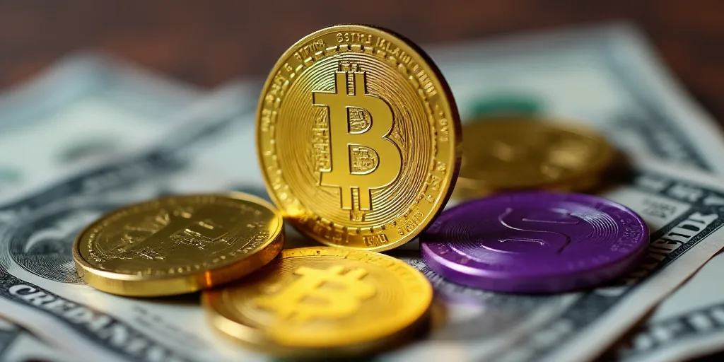 a pile of money with a gold coin on top of it and a purple one on the side of the pile, Aquirax Uno,