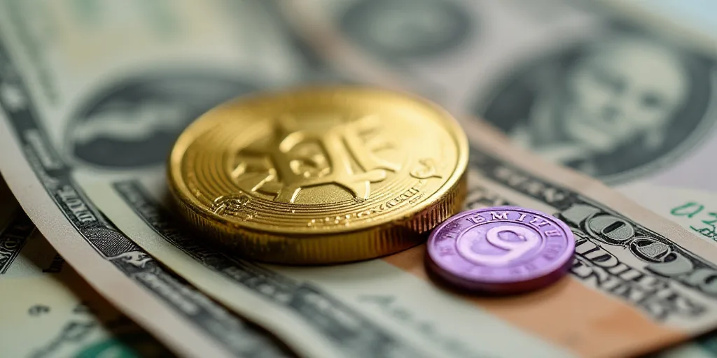 a pile of money with a gold coin on top of it and a purple one on the side of the pile, Aquirax Uno,