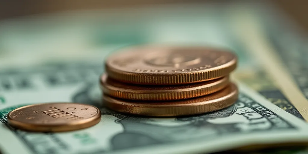 a pile of money with a penny on top of it and a coin on the bottom of the pile, Charles Martin, very