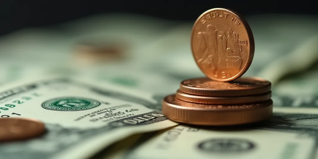 a pile of money with a penny on top of it and a coin on the bottom of the pile, Charles Martin, shal