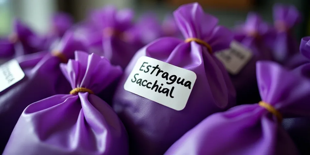 a pile of purple bags with labels on them and a sticker on the top of one bag that says esttragua sa