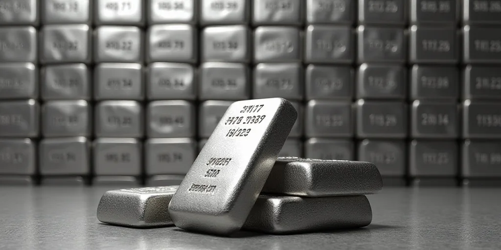 a pile of silver bars with a price label on them in front of a wall of silver bars with prices, Andr