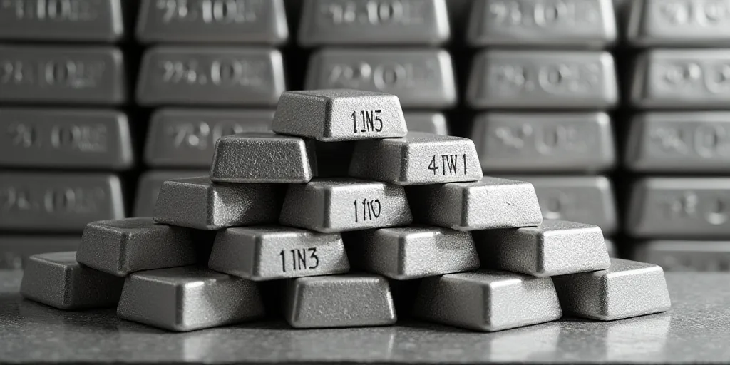 a pile of silver bars with a price label on them in front of a wall of silver bars with prices, Andr