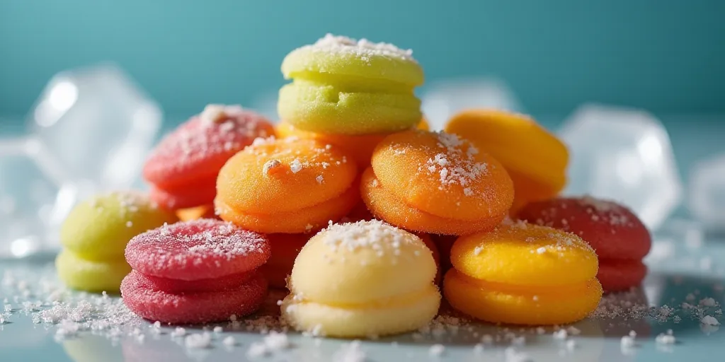 a pile of six different flavored snacks on a table top with ice and water behind them, with a blurry