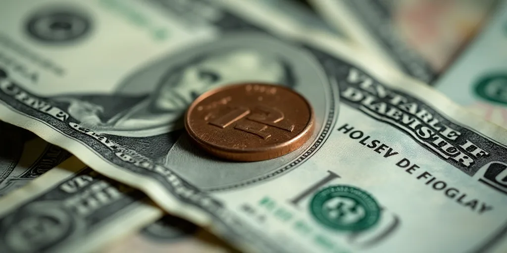 a pile of twenty dollar bills with a penny on top of it and a coin on the bottom of the bills, Avgus