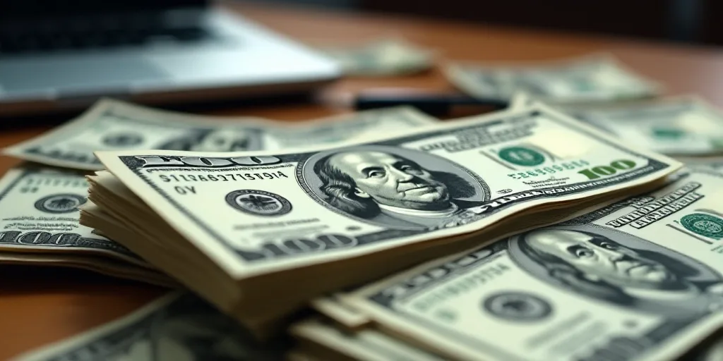 a pile of twenty dollar bills with a lot of money underneath it on a table top with a pen and a lapt