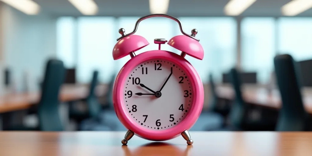 a pink alarm clock sitting on top of a table in an office building with desk chairs and desks, Évar
