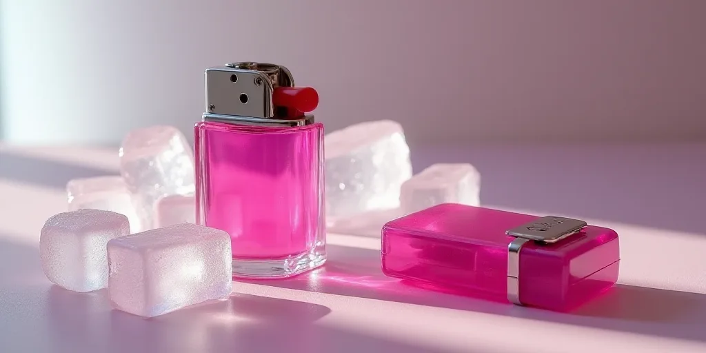 a pink lighter and a pink lighter on a table with ice and a pink lighter on it's side, Évariste Vit
