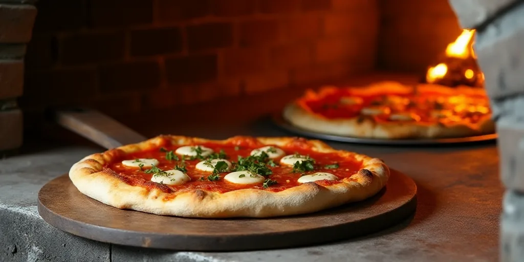 a pizza is being cooked in a brick oven with a pizza paddle in front of it and a pizza in the oven,