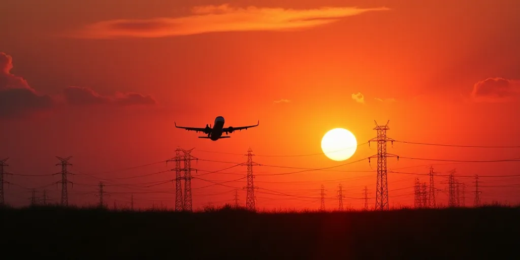 a plane is flying low over a field of power lines at sunset or dawn with a red sky in the background