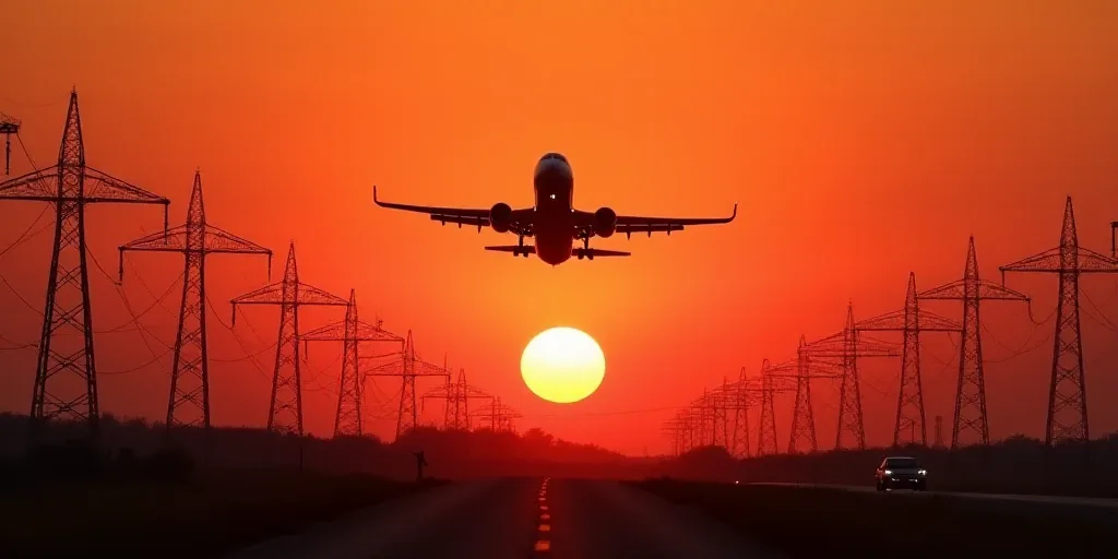 a plane is flying low over a field of power lines at sunset or dawn with a red sky in the background
