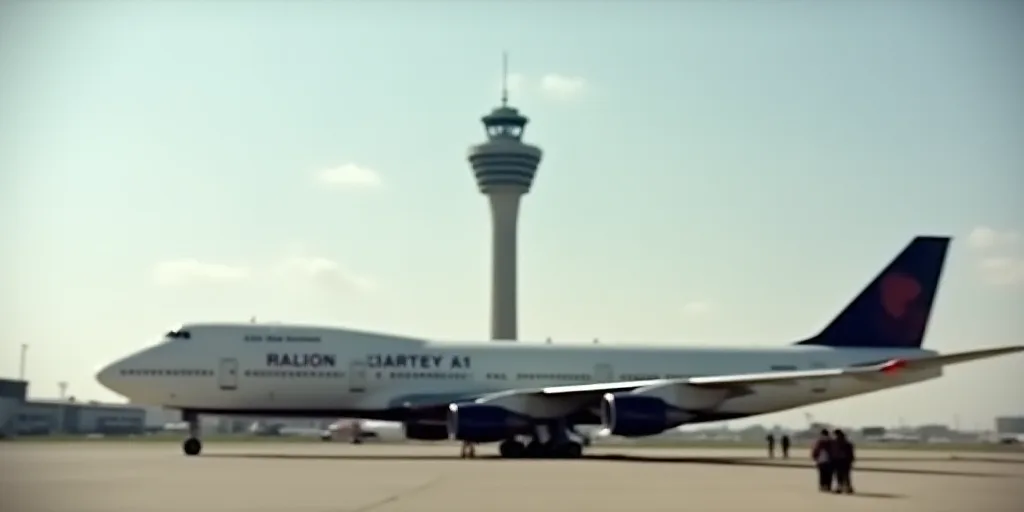 a plane is parked at an airport with a tower in the background and people standing around it on the