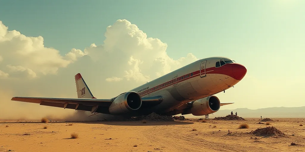 a plane that has been crashed in the middle of the desert, with its front end on the ground, Andrey