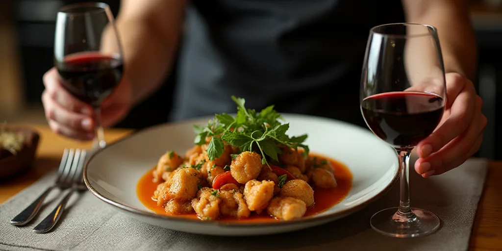 a plate of food on a table with a glass of wine and a person holding a glass of wine, Carpoforo Tenc
