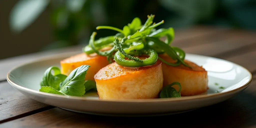 a plate of food with a green garnish and a slice of pepper on top of it with a leafy green garnish,
