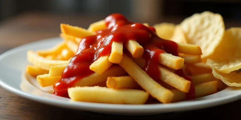 a plate of food with french fries and ketchup on it and chips on the side of the plate, Chippy, prof