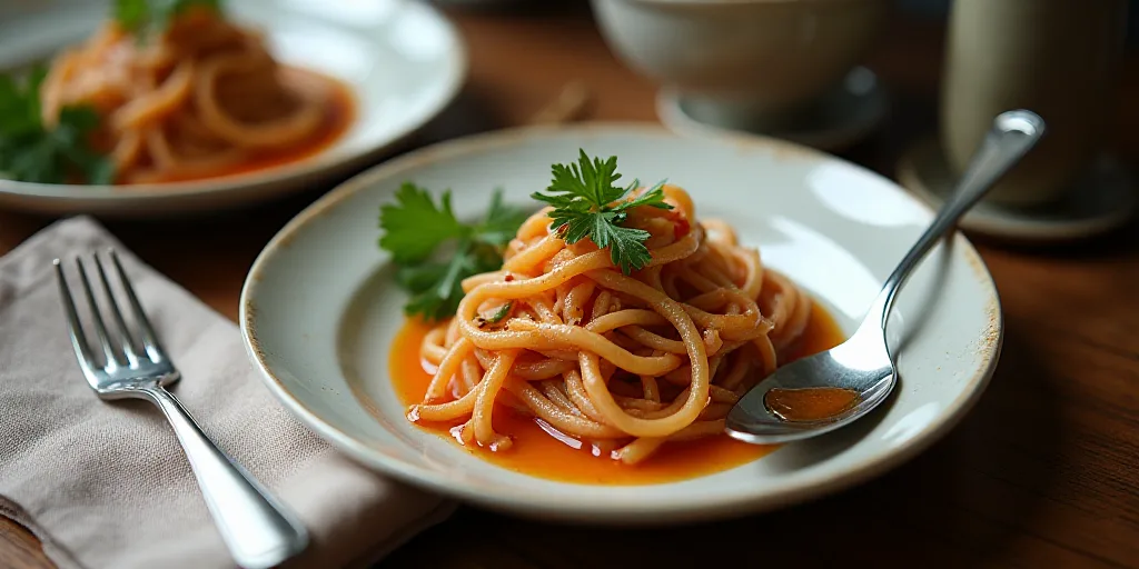 a plate of food with sauce and a spoon on a table with other items around it and a napkin, Cao Zhiba