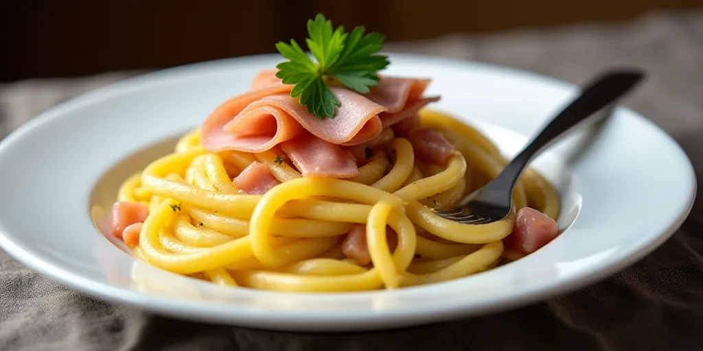 a plate of pasta with ham and parsley on top of it with a fork and knife on the side, Coppo di Marco