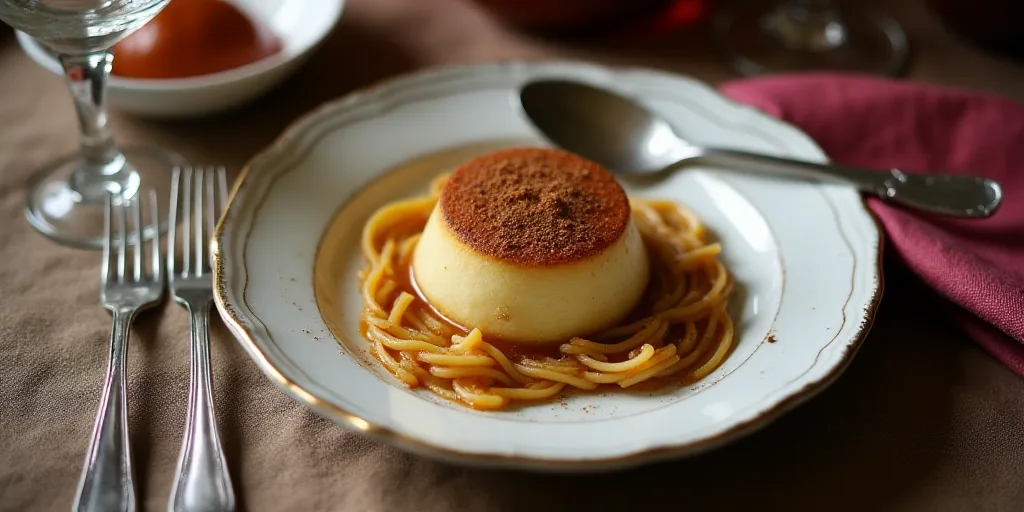a plate with a dessert and a fork on it with a spoon and fork nearby on a table with silverware, Dos